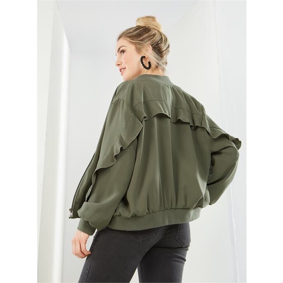 Who What Wear Jackets & Blazers - Who What Wear Paris Green Ruffle Bomber Jacket M